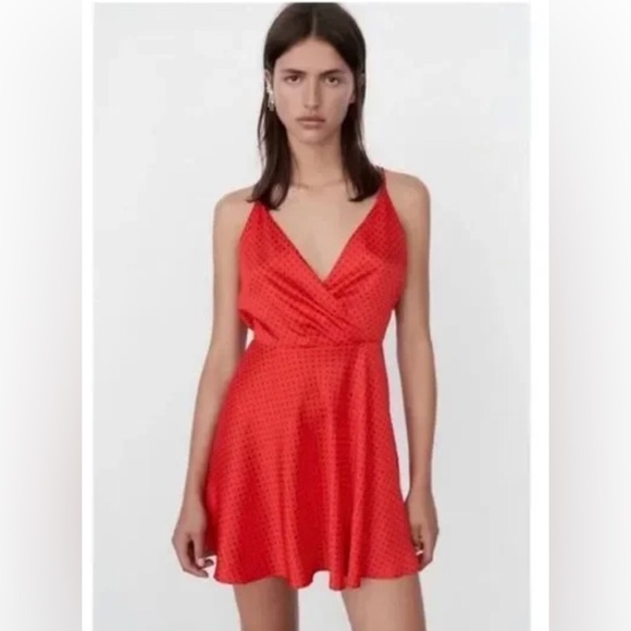 Zara red black polka dot satin silk look open back mini flare dress size large - Picture 5 of 8
